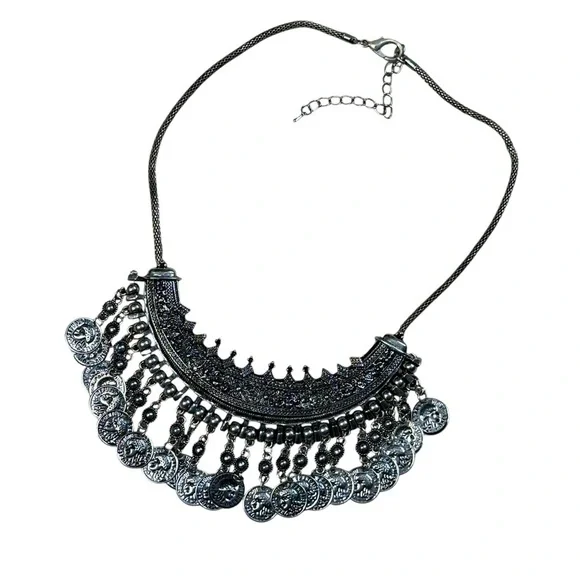 Boho Oxidized Silver Tone Tribal Coin Fringe Bib Necklace Statement Choker - Picture 2 of 14